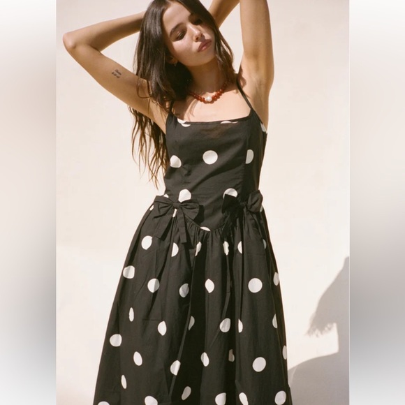 NWT Ciao Lucia Neroni Polka Dot Bow Ribbon Cotton Poplin Open Back Maxi Dress - Picture 3 of 16